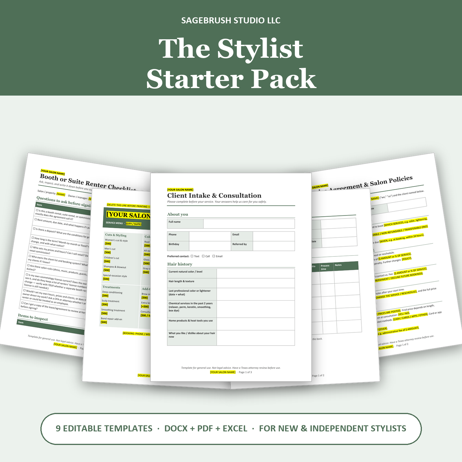 Preview of several pages from the Stylist Starter Pack, including the intake form, service agreement and price menu